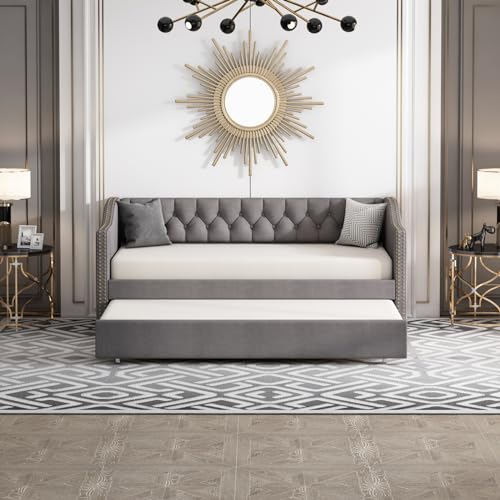Mokylor Ausziehbares Schlafsofa 90/180 x 200 cm, Ausziehbetten mit Lattenrost, multifunktionales Doppelbett 2 in 1 ausziehbar, geeignet für ein Wohnzimmer, Leinenstoff. (Grau-D) von Mokylor