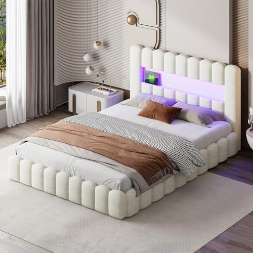 Mokylor Bett 160x200 cm mit Bettkasten, Hydraulisches Polsterbett mit LED, USB-C und Schubladen, Jugendbett mit Lattenrost, Kopfteil mit Stauraum (Beige-A, 180x200cm) von Mokylor