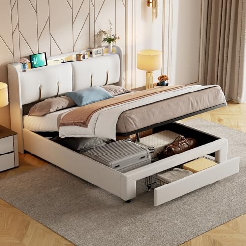 Mokylor Polsterbett 140x200 cm, Doppelbett mit LED und USB, Hydraulischbett mit Schubladen und Kopfteil Stauraum, Stauraumbett Funktionsbett mit Lattenrost, Samt.(Cremefarben-E) von Mokylor