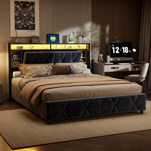 Mokylor Bett 160x200 cm mit Bettkasten, Hydraulisches Polsterbett mit LED, USB-C und Schubladen, Jugendbett mit Lattenrost, Kopfteil mit Stauraum (Grau-A, 140x200cm) von Mokylor