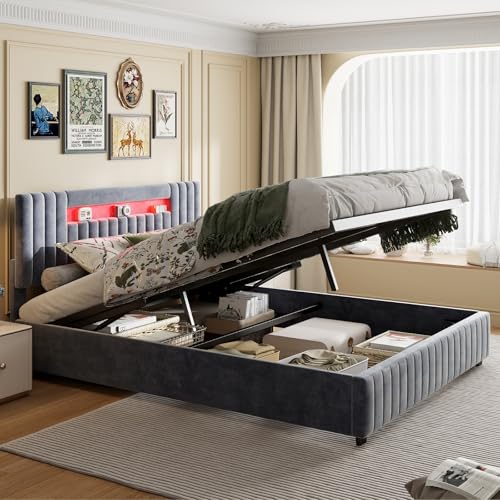Mokylor Bett 160x200 cm mit Bettkasten, Hydraulisches Polsterbett mit LED, USB-C und Schubladen, Jugendbett mit Lattenrost, Kopfteil mit Stauraum (Grau-A, 160x200cm) von Mokylor