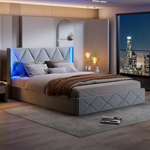 Mokylor Bett 160x200 cm mit Bettkasten, Hydraulisches Polsterbett mit LED, USB-C und Schubladen, Jugendbett mit Lattenrost, Kopfteil mit Stauraum (Grau-C, 160x200cm) von Mokylor