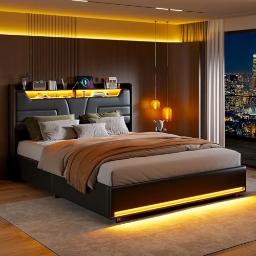 Mokylor Polsterbett 160x200cm, LED Kopfteil mit Staufach und USB-Ladefunktion, Hydraulisch Bett mit Lattenrost und Bettkasten, Stauraumbett Jugendbett Modernes Bettgestell, PU(Schwarz-A) von Mokylor