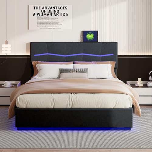Mokylor Bett 160x200 cm mit Bettkasten, Hydraulisches Polsterbett mit LED, USB-C und Schubladen, Jugendbett mit Lattenrost, Kopfteil mit Stauraum (Schwarz-E, 160x200cm) von Mokylor