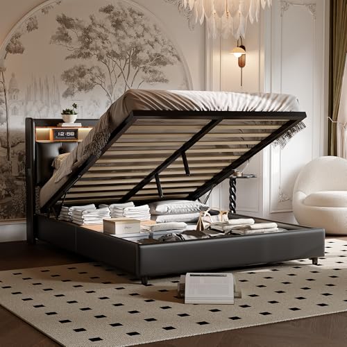 Mokylor Bett mit Stauraum, 160 x 200 cm, gepolstertes Doppelbett, für Erwachsene mit USB-Ladefunktion und LED, Bettgestell, ohne Kopfteil öffnend, Lattenrost, PU (B-160 x 200 cm) von Mokylor