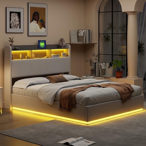 Mokylor Bettgestell 140x200 cm, Stauraumbett mit LED Beleuchtung Funktions und Stauraumkopfteil mit USB und Steckdosenladung, Bett für Schlafzimmer Gästezimmer Samtstoff Weiß von Mokylor