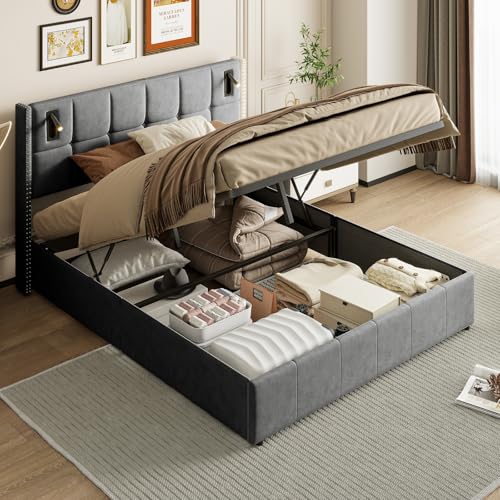 Mokylor Boxspringbett 160x200 Doppelbett mit Leselampe, Hydraulikbett mit Aufbewahrungsfunktion, Betten für Erwachsene, Samt (Grau, 160 x 200 cm) von Mokylor
