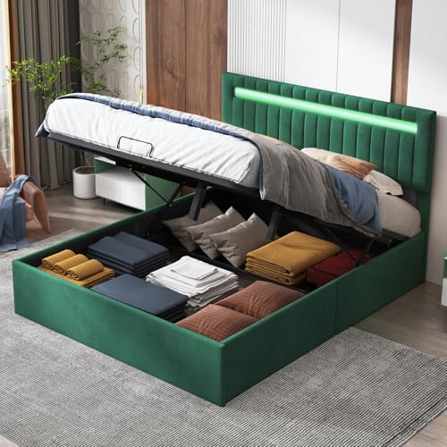 Mokylor Polsterbett 160x200 cm, Doppelbett mit LED und USB, Hydraulischbett Stauraumbett Jugendbett mit Lattenrost, Bettrahmen mit Verstellbare Höhe Kopfteil, Samt. (Grün, 160x200cm) von Mokylor