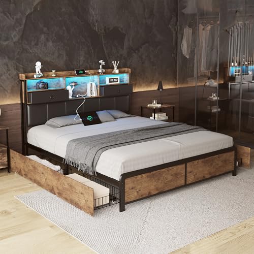 Mokylor Doppelbett aus Metall, mit LED-Beleuchtung und USB-Aufladung, gepolstertes Doppelbett mit 4 Schubladen und Kopfteil, gepolstertes Bett mit Lattenrost und Bettgestell (140 x 200 cm) von Mokylor