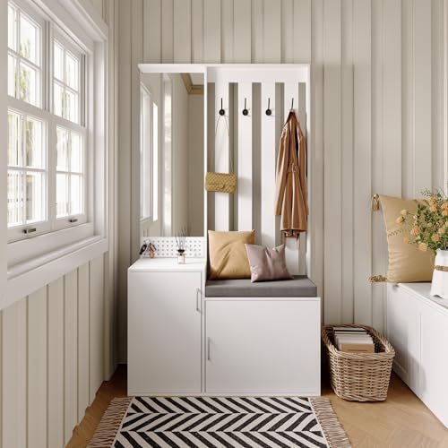 Mokylor Garderobenset Wandgarderobe, Garderoben Set mit Schuhschränken und offenem Stauraum, Garderobenständer mit 4 Kleiderhaken, Flurgarderobe Set mit Spiegel und Türen. (Weiß-A, 180x100x40cm) von Mokylor