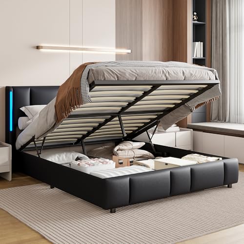 Mokylor Gepolstertes Bett, hydraulisches Doppelbett mit Stauraum unter dem Bett, funktionaler Bettrahmen für Jugendliche mit gepolstertem Kopfteil aus PU mit LED-Lichtern, USB + Typ C (160 x 200 cm) von Mokylor