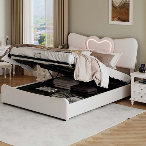Mokylor Gepolstertes Bett, hydraulisches Doppelbettrahmen, in Herzform, mit Stauraum unter dem Bett, weich gepolstert, mit LED und verstellbarem Kopfteil aus Samt, USB + Typ C (140 x 200 cm) von Mokylor