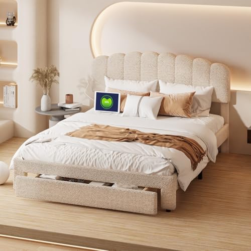 Mokylor Polsterbett 160x200 cm, Doppelbett mit Lattenrost und USB Ladestationen, Stauraumbett mit Schubladen, Kinderbett, Jugendbett, Teddy-Stoff. (Beige-G) von Mokylor