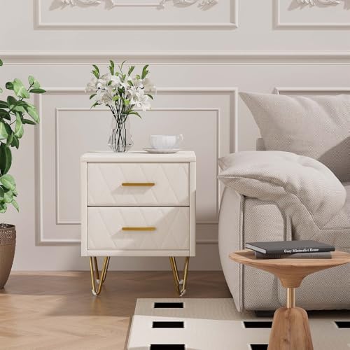 Mokylor Nachttisch 2er Set, Nachtischschränke Gepolstert Mit 2 Schubladen, Nachtschrank Schmal Mit Goldenen Metallbeinen Und Griffen, Nachtkommode Für Wohnzimmer Schlafzimmer, PU-Stoff. (Beige) von Mokylor