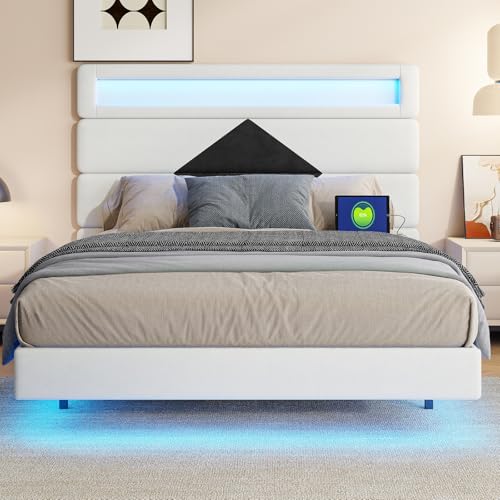 Mokylor Polsterbett, 140 x 190 cm mit LED und USB, Doppelbett mit Stauraum und Lattenrost, Bettgestell mit Hydraulisch, geeignet für Erwachsene, Samt (Offwhite + Schwarz – B, 140 x 190 cm) von Mokylor