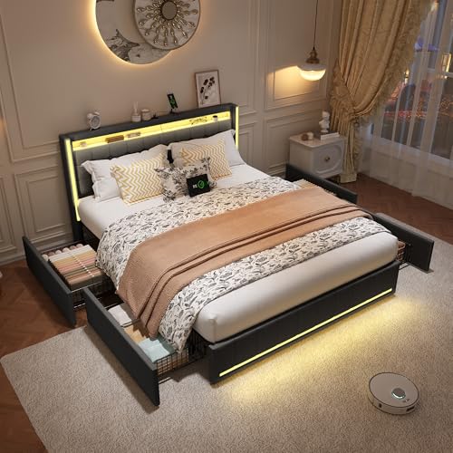 Mokylor Doppelbett 160x200cm mit 4 Schubladen,Polsterbett mit LED-Leuchten 4 Eisenschubladen und einem USB Ladeanschluss,Stauraumbetten Bettgestell,Leinenstoff (Dunkelgrau, 160x200cm) von Mokylor