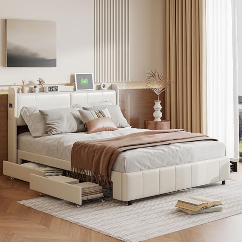 Mokylor Polsterbett, Doppelbett mit 4 gepolsterten Schubladen, Plattform Junior mit Matratzenkopf, Typ USB + C (140 x 200 cm) von Mokylor
