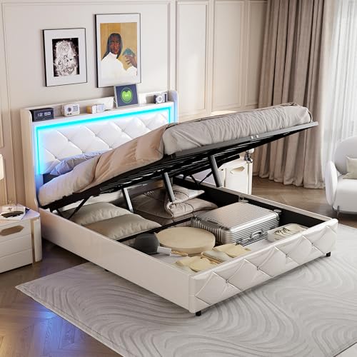 Mokylor Polsterbett, hydraulischer Doppelbettrahmen mit Stauraum unter dem Bett, LED-Gästebett mit handgetuftetem Diamantmuster, gepolstert aus PU (160 x 200 cm) von Mokylor