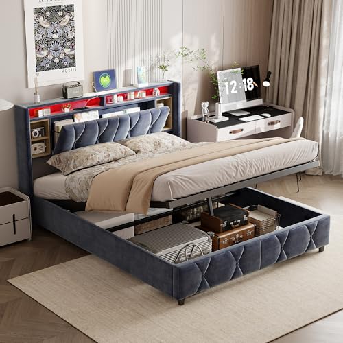 Mokylor Polsterbett, hydraulisches Doppelbett mit Stauraum unter dem Bett, Samt gepolstertes Kopfteil mit intelligenten LED-Lichtern, USB+Typ C, Lattenrost (140x200) von Mokylor