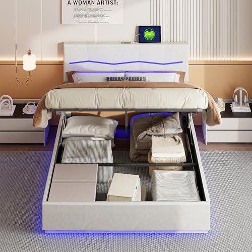 Mokylor Polsterbett, hydraulisches Doppelbett mit Stauraum unter dem Bett, funktionaler Jugendbettrahmen mit LED-Lichtern, gepolstertes Kopfteil aus PU, USB + Typ C (Beige, 160 x 200 cm) von Mokylor