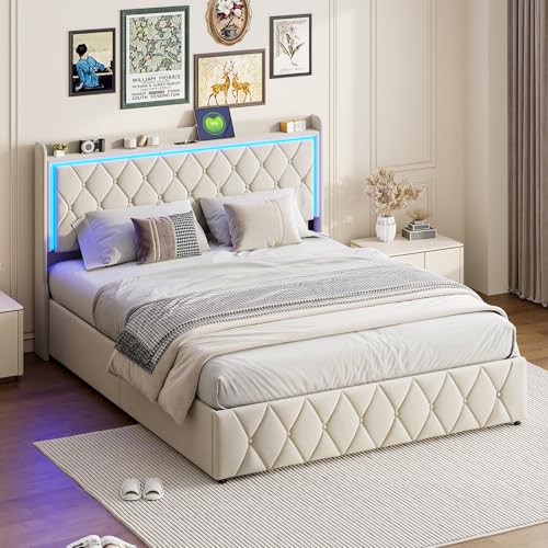 Mokylor Polsterbett 140x200 cm, Doppelbett mit mit 2 USB-C und LED. Hydraulischbett mit Kopfteil Stauraum, Stauraumbett Funktionsbett Familienbett mit Metallrahmen und Lattenrost,Samt.(Beige-C) von Mokylor