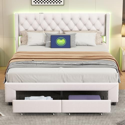 Mokylor Polsterbett 140X190cm, LED Doppelbett mit USB Ladefunktion und 2 Schubladen, Funktionsbett Rückenlehne Bettgestell mit Holz Lattenrost, Samt (Beige-D) von Mokylor