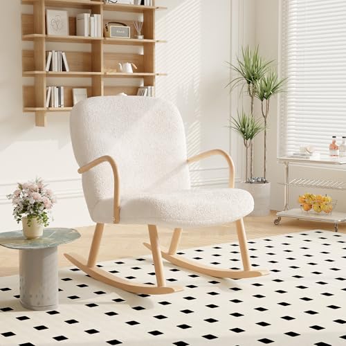 Mokylor Schaukelstuhl, Gepolsterter Sessel mit Holzkufen mit hoher Rückenlehne, Weicher Relaxstuhl, Stillsessel Schaukelsessel mit Berbervliesoptik für Wohnzimmer,136kg belastbar (Beige, E) von Mokylor