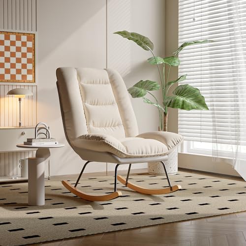 Mokylor Schaukelstuhl, Gepolsterter Sessel mit Holzkufen mit hoher Rückenlehne, Weicher Relaxstuhl, Stillsessel Schaukelsessel mit Berbervliesoptik für Wohnzimmer,136kg belastbar (Beige 1, F) von Mokylor