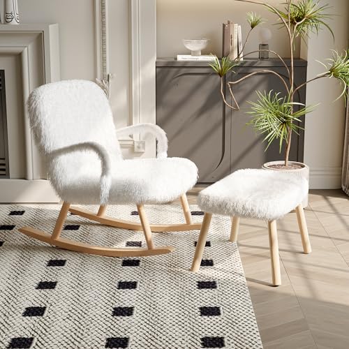 Mokylor Schaukelstuhl, Gepolsterter Sessel mit Holzkufen mit hoher Rückenlehne, Weicher Relaxstuhl, Stillsessel Schaukelsessel mit Berbervliesoptik für Wohnzimmer,136kg belastbar (Beige 2, E) von Mokylor