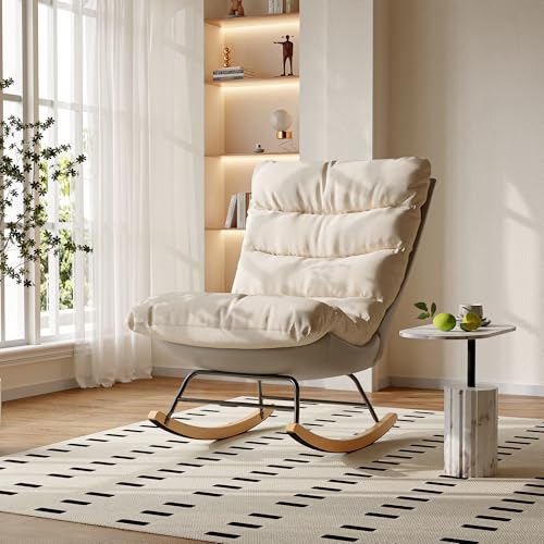 Mokylor Schaukelstuhl, Gepolsterter Sessel mit Holzkufen mit hoher Rückenlehne, Weicher Relaxstuhl, Stillsessel Schaukelsessel mit Berbervliesoptik für Wohnzimmer,136kg belastbar (Beige 3, F) von Mokylor