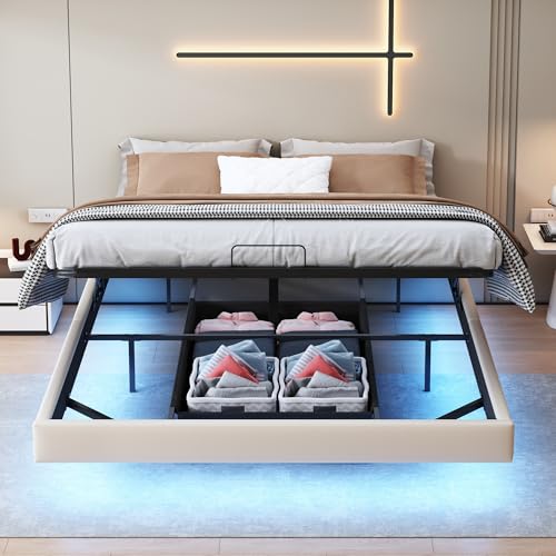 Mokylor Schwimmbett, 160 x 200 cm, mit LED-Beleuchtung, Bett mit versteckten Beinen, Bettgestell mit Lattenrost und Metallgestell, Doppelbett für Erwachsene ohne Kopf (Beige, 160 x 200 cm) von Mokylor