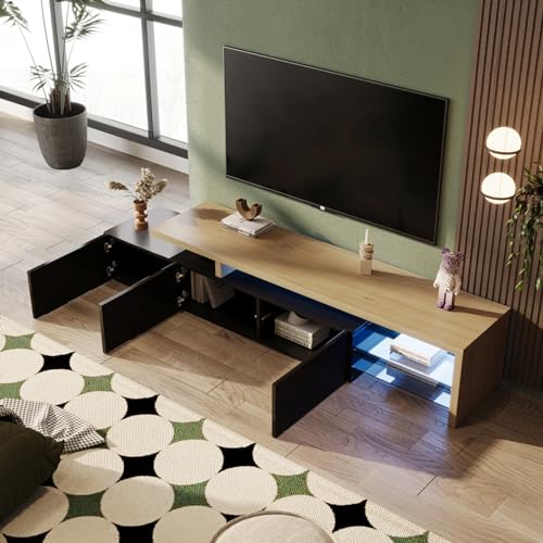 Mokylor TV-Möbel aus Holz, weiß, moderner TV-Schrank mit dimmbaren LED-Lichtern, TV-Sideboard für Wohnzimmer mit 3 Türen und 2 Glasböden, 197,5 x 39 x 42 cm (Schwarz, 197,5 x 39 x 42 cm) von Mokylor