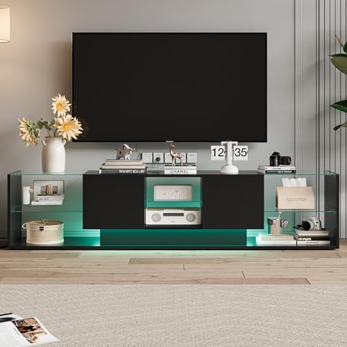 Mokylor TV Schrank 200 cm, Lowboard Fernsehschrank mit Hochglanz, Glasböden und LED, Sideboard TV Lowboard, TV-Schrank mit 3 Verstellbarer Glasablage für Wohnzimmer Esszimmer. (Schwarz, 200*35*45cm) von Mokylor