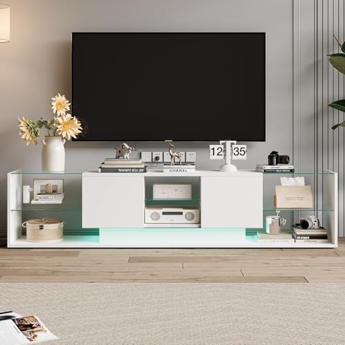Mokylor TV Schrank 200 cm, Lowboard Fernsehschrank mit Hochglanz, Glasböden und LED, Sideboard TV Lowboard, TV-Schrank mit 3 Verstellbarer Glasablage für Wohnzimmer Esszimmer. (Weiß, 200 * 35 * 45cm) von Mokylor