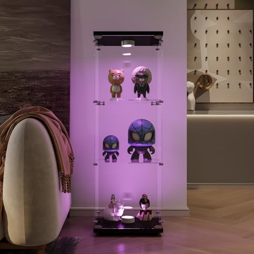 Mokylor Vitrine aus Glas mit 3 Etagen, 125 x 42 x 36 cm, mit 7 Farben RGB-Beleuchtung und 1 Tür, Schloss, Vitrine für Sammlerstücke, Vitrine Wohnzimmer Modern (Schwarz/LED) von Mokylor