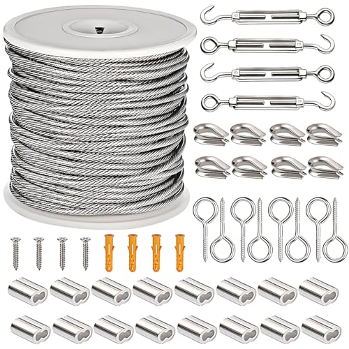 50M 2mm Drahtseil Edelstahl, 304 Edelstahl Stahlseil Kit, Drahtseil Rankhilfe Set, Stahlseil Ummantelt mit ösen, M5 Spannschloss Seilspanngarnitur, für Gardinenseil, String Light Suspension (45PCS) von Molbory