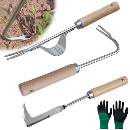 Molbory 3 Stück Fugenkratzer Unkrautmesser Set, Hand Unkrautstecher Edelstahl, Unkrautkratzer, unkrauthacke mit Naturholzgriff, Fugenreiniger, Fugenkratzer Unkraut zum Jäten Ihres Gartens von Molbory