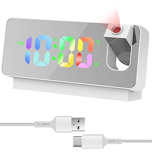 Molbory Wecker mit Projektion: Projektionswecker 180° Drehbar Digital Wecker mit Projektion Temperaturanzeige 7" LED Spiegelbildschirm 12/24H USB Betrieben Digitaler Wecker von Molbory