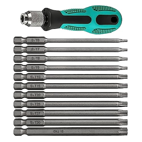 T6-T40 Torx Schraubendreher Set, 12 Stück 1/4" 100mm Torx Schraubendreher Set S2 Stahl, Lang Magnetische Torx Set, Lang Schraubendreher Bit für Akkuschrauber T20 T25 Schraubendrehersatz von Molbory