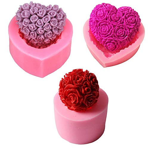 3-teiliges Set mit 3D-Herz- und Kugel-Rosenkerzen, kleine Mini-Silikon-Rosenblumen, Form für Aromatherapie, Bienenwachs, Kerzen, Seife, Lotion, Bar, Kreide, Polymer-Ton, Kuchendekorationswerkzeug von MoldFun
