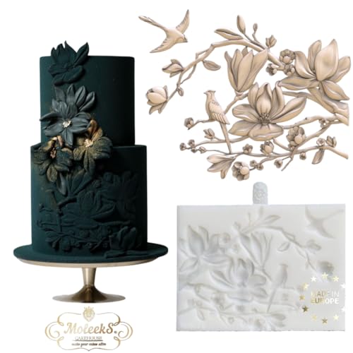 MoleekS Silikon Mould Magnolia Branch/Birds – 3D Backzubehör für Tortendeko. Hochwertige, lebensmittelechte Silikon, perfekt für Fondant und über 20 Materialien für Backen und Einfrieren von MoleekS