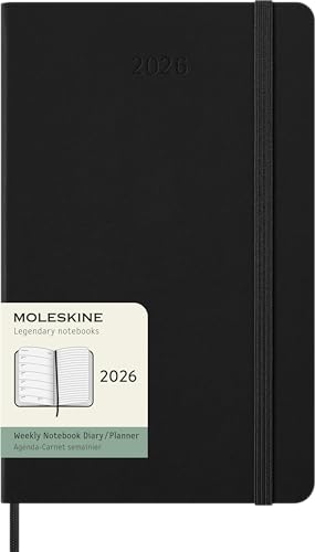 Moleskine Wochenplaner, Wochenagenda 2026 12 Monate mit Platz für Notizen, mit festem Einband und Gummibandverschluss, Großformat 13x21, Farbe Schwarz von Moleskine