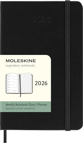 Moleskine Wochenplaner, Wochenagenda 2026 12 Monate mit Platz für Notizen, mit festem Einband und Gummibandverschluss, Pocket-Format 9x14, Farbe Schwarz von Moleskine
