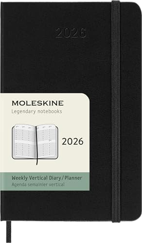 Moleskine Wochenplaner, Vertikaler Wochenkalender 2026 12 Monate, Fester Einband und Gummibandverschluss, Farbe Schwarz, Pocket-Format 9x14 cm von Moleskine