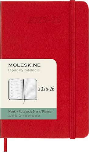 Moleskine Wochen-Notizkalender 2025-2026, 18-Monats-Wochenplaner mit Notizplatz, Harte Einband und Gummiband, Taschenformat 9 x 14 cm, Scharlachrot von Moleskine