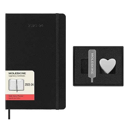 Moleskine Daily Planner 2023-2024 + Moleskine Heart Pin für Notizbuch, 18-Monats-Agenda mit Schwarzem Hardcover 13x21cm, Silver Herz Pin, Individuelle Geschenkideen von Moleskine