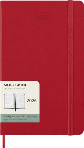 Moleskine Wochenplaner, Wochenagenda 2026 12 Monate mit Platz für Notizen, mit festem Einband und Gummibandverschluss, Großformat 13x21, Farbe Rot von Moleskine