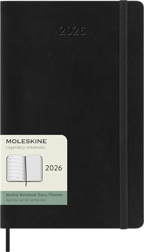 Moleskine Wochenplaner, Wochenagenda 2026 12 Monate mit Platz für Notizen, mit weichem Einband und Gummibandverschluss, Großformat 13x21, Farbe Schwarz von Moleskine