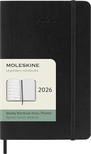 Moleskine Wochenplaner, Wochenagenda 2026 12 Monate mit Platz für Notizen, mit weichem Einband und Gummibandverschluss, Pocket-Format 9x14, Farbe Schwarz von Moleskine