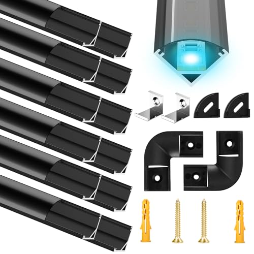 Molfanco LED Aluminium Profil 12 x 1m LED Aluminium Profil mit Schwarzen Abdeckung, Endkappen, und Montageklammer für LED-Streifen (V-profil-schwarz-12m) LED-Streifen Nicht Im Lieferumfang Enthalten von Molfanco